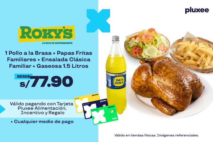 DESDE: S/77.90. 1 POLLO A LA BRASA + PAPAS FRITAS FAMILIARES + ENSALADA CLÁSICA FAMILIAR + GASEOSA 1.5 LITROS.